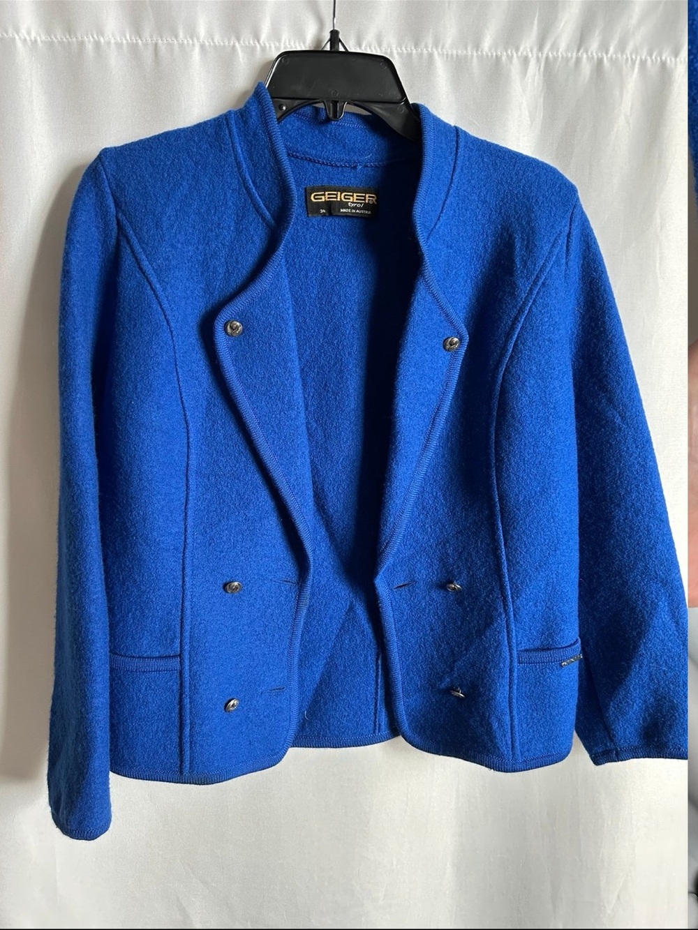 34 Geiger Women's Cobalt Blue Wool-Blend Double-Breasted Jacket EUC